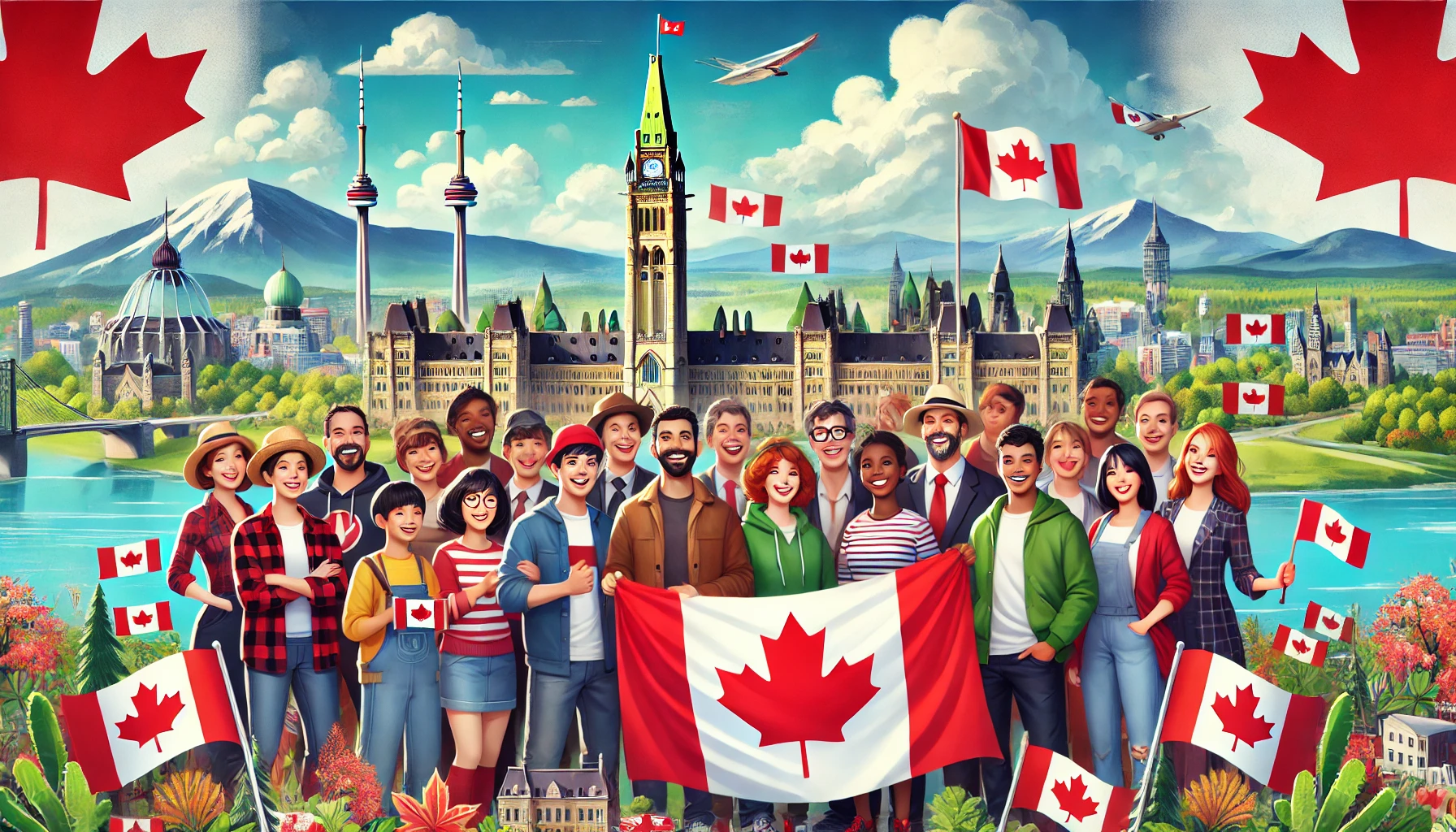 Diverse group of people with Canadian flags