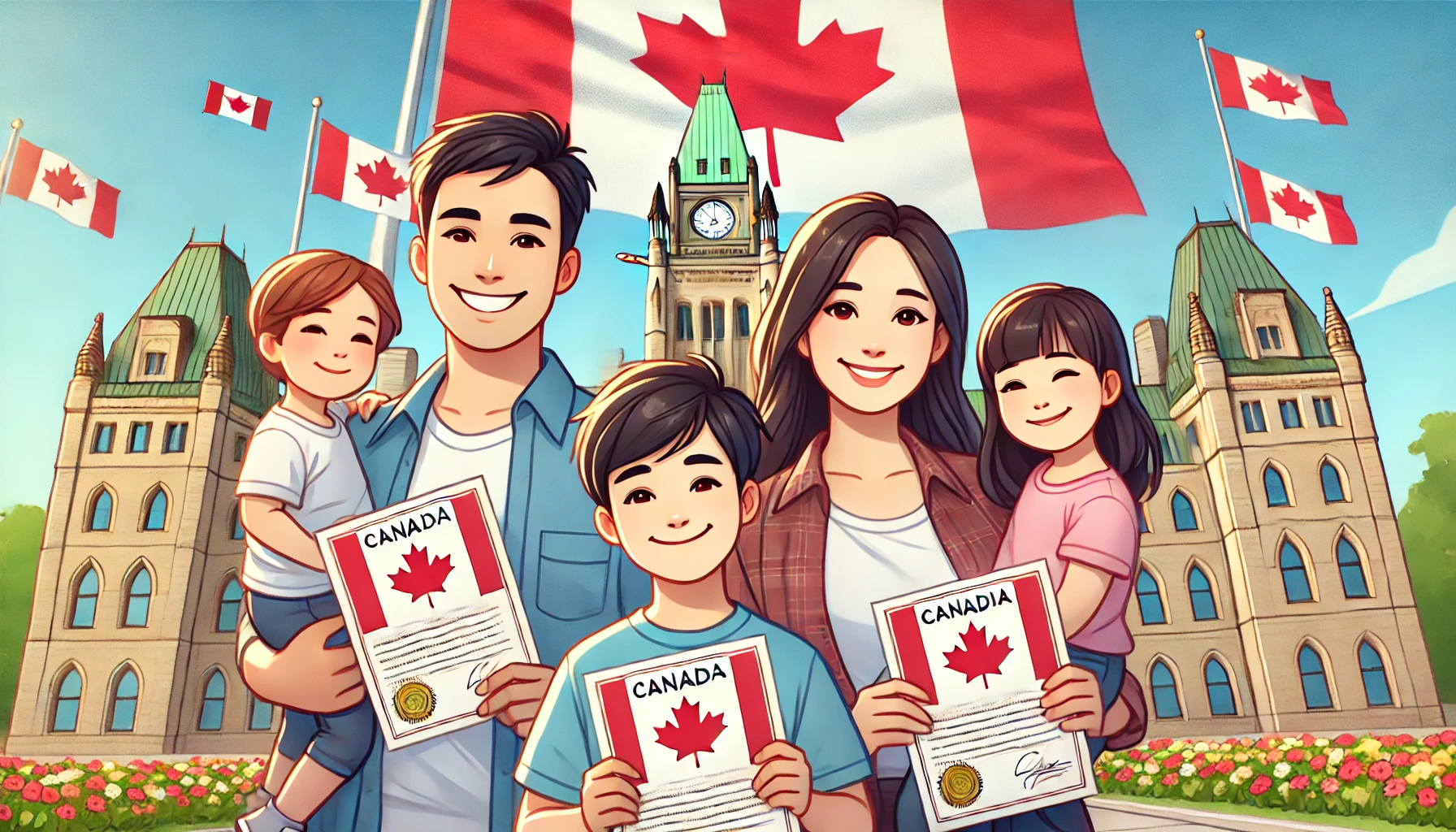 Family holding Canadian citizenship certificates